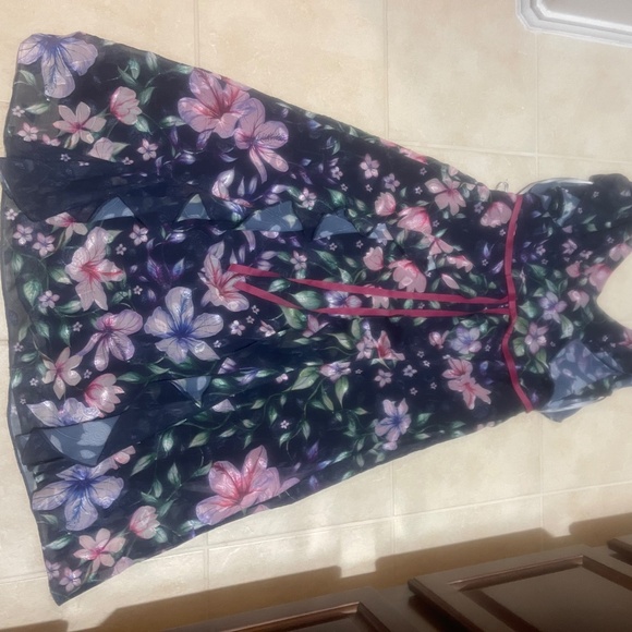 Marchesa Notte Blue Floral Chiffon Midi Gown Size 12 Flutter Sleeve Formal - Picture 12 of 15